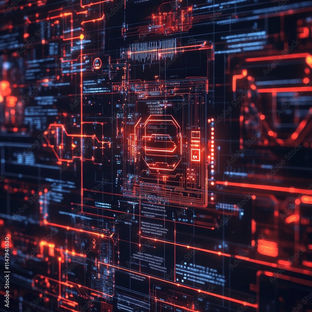 Poster digital circuitry design featuring vibrant red and blue hues in an abstract layout, showcasing the i