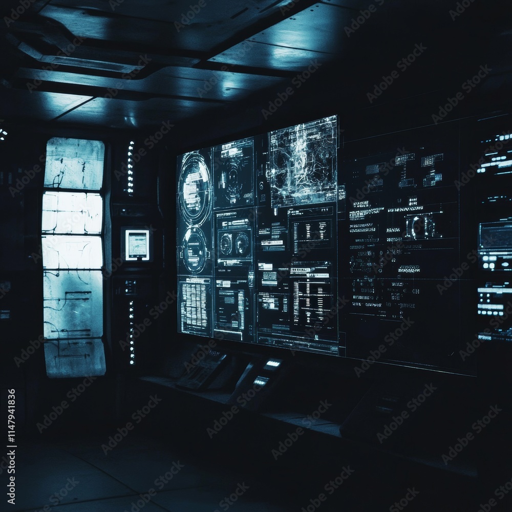 Poster high-tech control room with glowing interfaces and screens during nighttime operations
