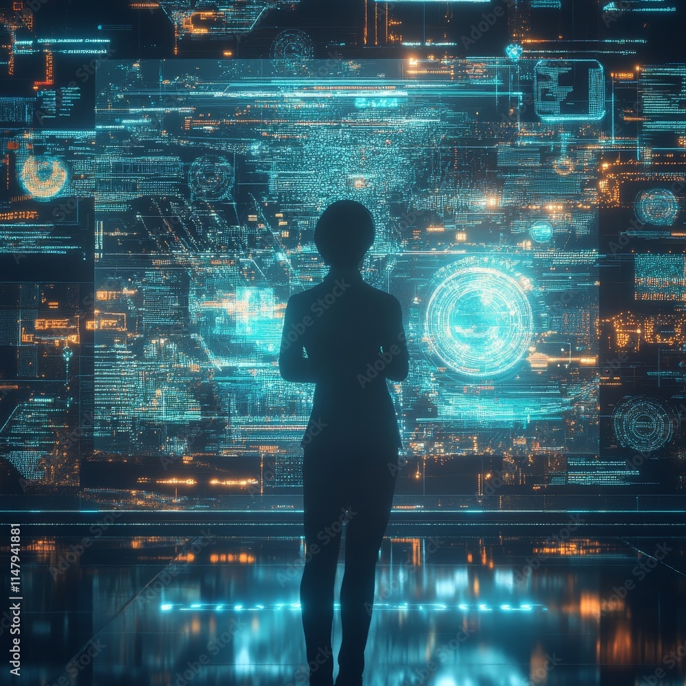 Poster person observing digital interface with complex data visuals in a futuristic setting during nighttim