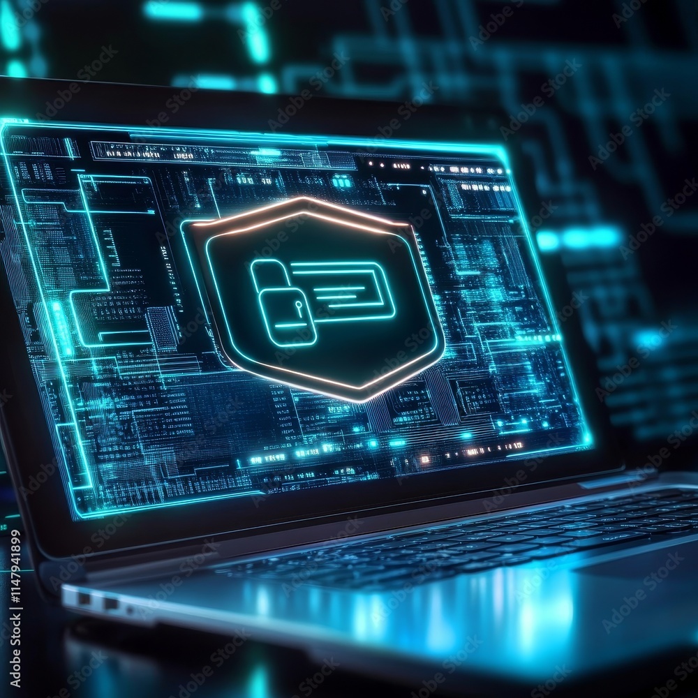 Poster digital security interface displayed on a laptop screen in a dark environment with glowing blue acce