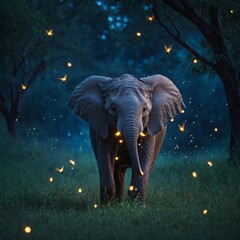 A baby elephant chasing glowing blue and white fireflies at dusk.