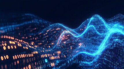 Digital Wave Representing Data Flow Illuminated by Glowing Binary Code in a Dark Background