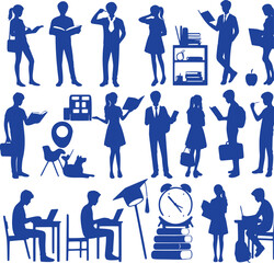 Blue silhouettes of students studying. (1)