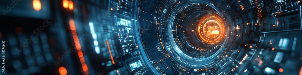 Poster futuristic digital tunnel with glowing orange core and intricate circuitry illuminated in blue and o