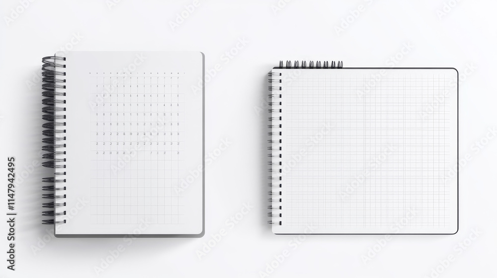 Aufkleber calendar mockup with blank pages and spiral. desktop vertical paper calender mock up front and side 