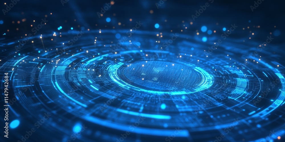 Poster visual representation of advanced technology showcasing abstract digital patterns with blue lighting