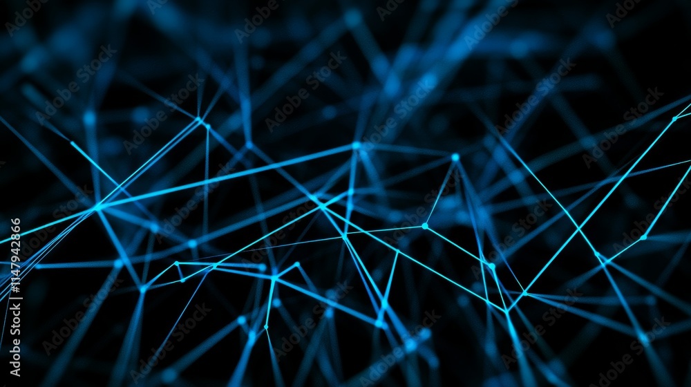 Poster dynamic blue network lines intersecting in a complex pattern against a dark background, representing