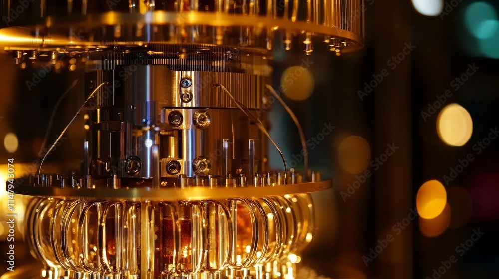 Poster abstract view of a sophisticated quantum computing machine with intricate golden components in a hig