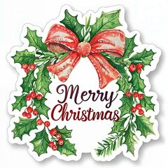 Colorful Christmas wreath design featuring holly, red berries, and a festive bow with greeting