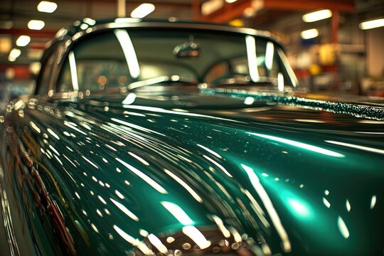 Fototapeta Classic car's gleaming teal hood, reflecting lights in a workshop.