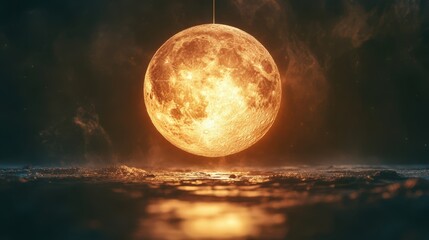 Glowing Orange Moon Hanging Above Dark Landscape