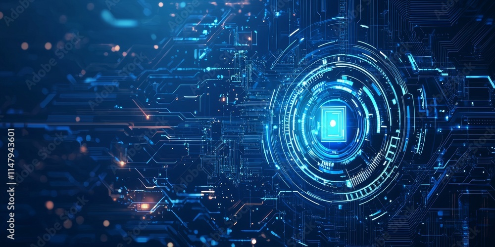 Poster modern technological background showcasing a vibrant blue circuit design with intricate patterns and