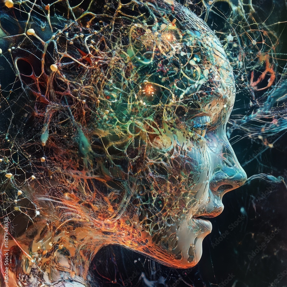 Poster artistic representation of a human head surrounded by intricate neural patterns and vibrant colors, 