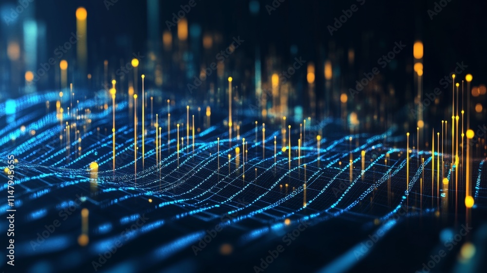 Poster digital landscape with glowing blue and golden lines representing data flow at night in a futuristic