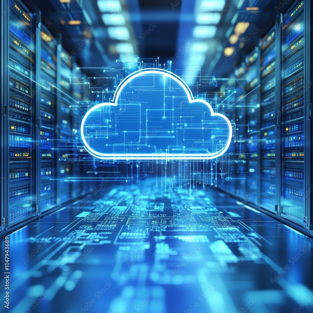 Poster modern data center with cloud computing technology represented by a glowing blue cloud symbol in a h