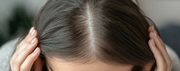 Close-up of a young woman suffering from hair loss at home