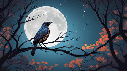 A bird created using vector art style in a colorful tree and moon background can use for birthday card, invitation card, book cover template	