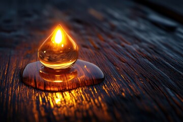 Glowing teardrop of liquid light rests on dark wood, creating a serene and captivating image.