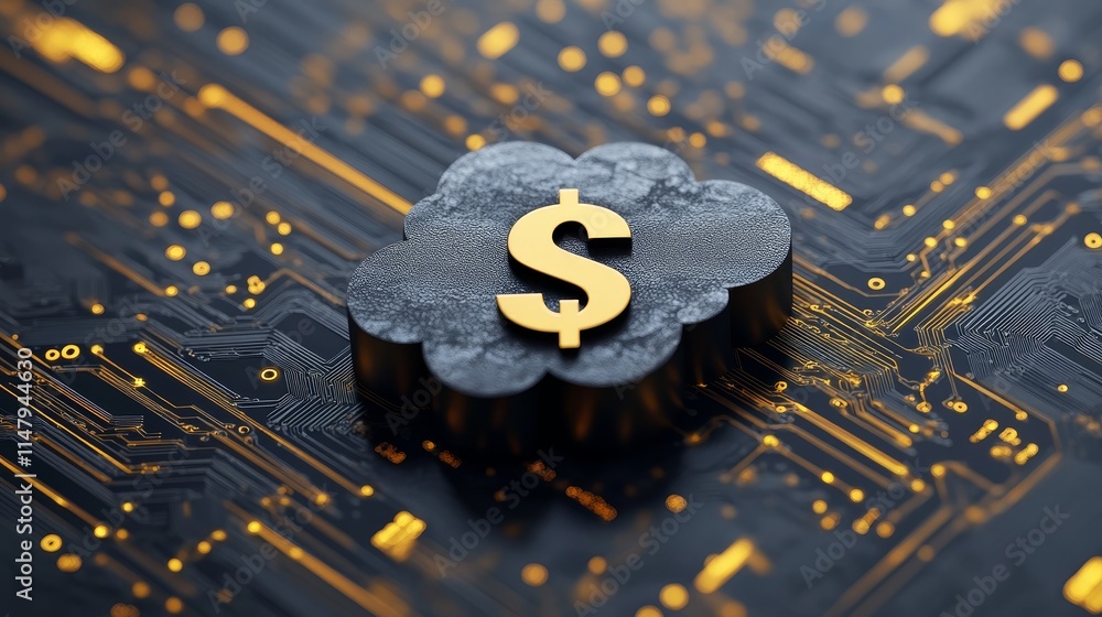 Poster stylized cloud symbol with dollar sign amidst digital circuit patterns, representing financial techn