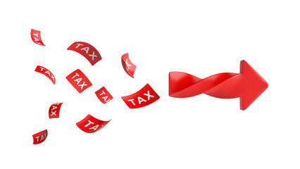 Tax payment or Tax Evasion legal of financial income tax. Red arrow with red paper with the word “TAX” written in white, flying scattered on a white background. object clipping path. 3D Illustration.