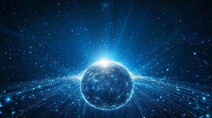 Obraz premium Bright Blue Globe Surrounded by Sparkling Stars and Dynamic Light Rays, Depicting a Vibrant and Energetic Cosmic Scene