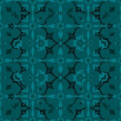 Fototapeta premium Teal Floral Pattern: A mesmerizing seamless pattern of stylized floral motifs in shades of teal and black, perfect for adding a touch of elegance to any design project. 