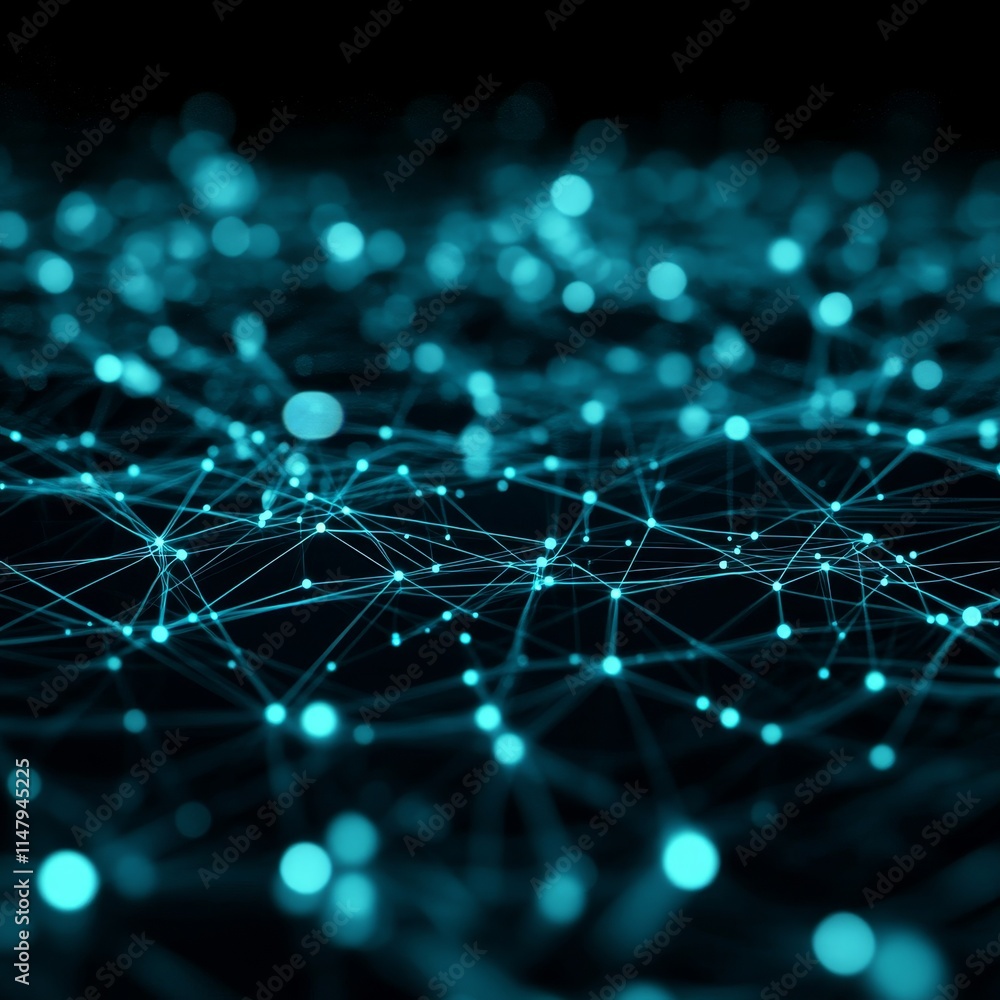 Poster digital network connections represented by glowing blue dots and lines across a dark background show