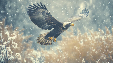 Obraz premium Majestic bald eagle soars gracefully through snowy landscape, showcasing power
