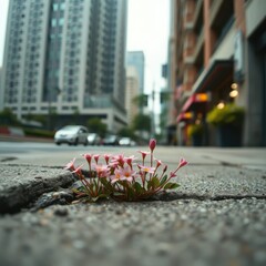 Urban setting from a low angle with small pink flowers growing through a crack in the sidewalk with blurred street and buildings in the background