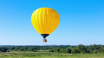 Fototapeta premium A vibrant yellow hot air balloon floats gracefully against a clear blue sky over a tranquil landscape of green fields and trees.