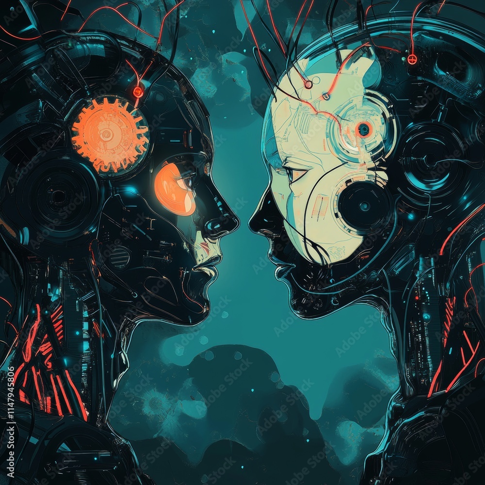Poster two humanoid robots face each other in a futuristic setting, showcasing intricate designs and vibran