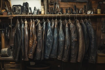 A row of vintage leather jackets hangs in a rustic workshop, showcasing their aged, worn beauty.