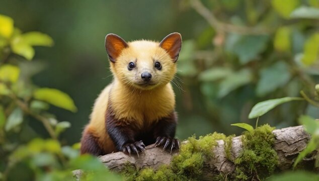 China wildlife. Yellow-throated marten, Martes flavigula, tree forest habitat, Chitwan National Park, China. Small predator sitting in green vegetation. Beautiful brown yellow cute animal from Asia.
