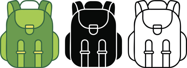 Backpack Icons Green, Black, and Outline Illustrations