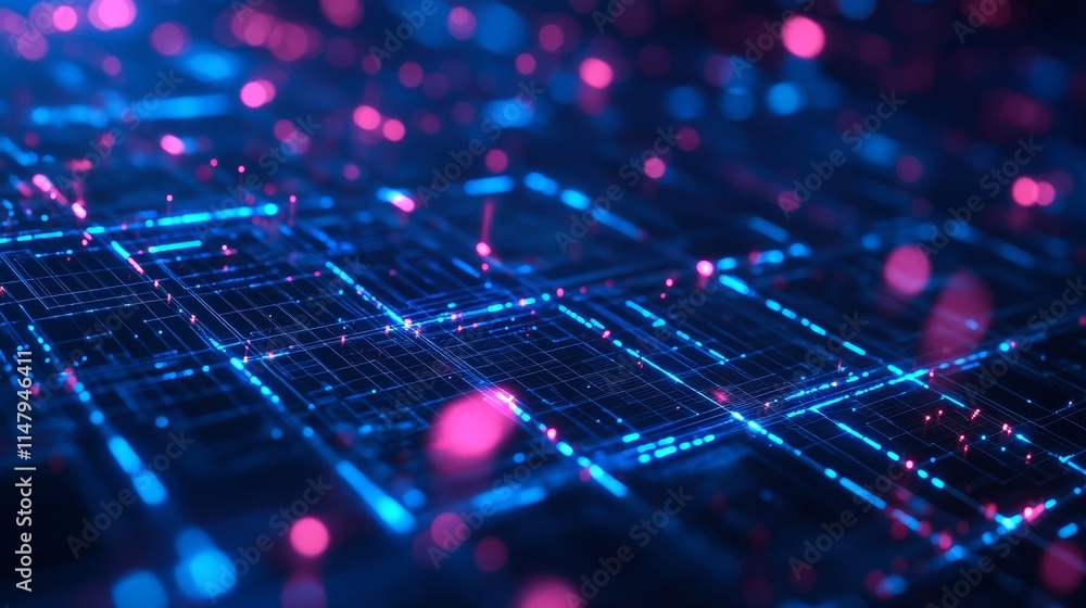 Poster dynamic blue and pink digital grid with glowing particles showcasing modern technology and data visu