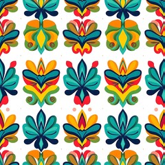 Fototapeta premium Vibrant Floral Fiesta: A captivating seamless pattern bursts with color and life, featuring stylized floral motifs in a kaleidoscope of teal, yellow, orange, and red hues.