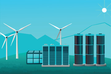 Illustrate diverse energy storage solutions lithium-ion batteries, hydrogen fuel cells, and pumped hydro. Show technological advancements and environmental benefits.