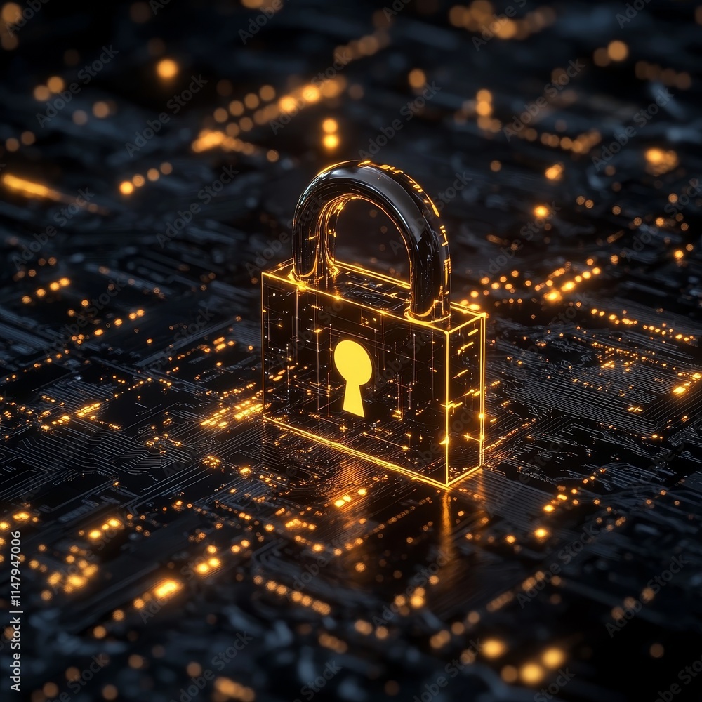 Poster digital security lock glowing on a circuit board in a darkened environment highlighting the importan