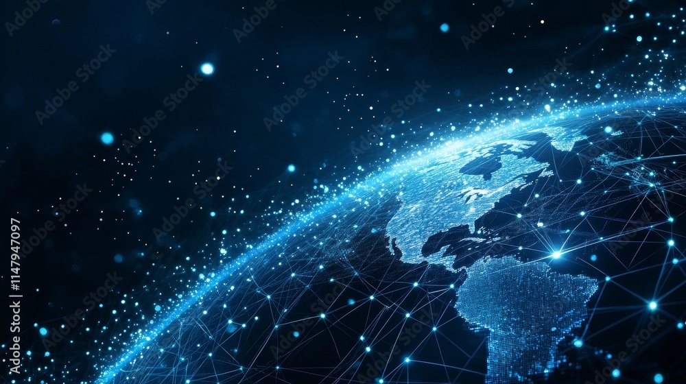 Poster visual representation of a digital globe showcasing interconnected networks and bright lights across