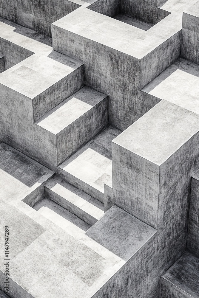 Poster aerial view of abstract geometric concrete structure with interlocking cubes, showcasing modern arch