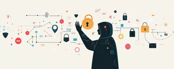 Obraz premium A hacker in a black hoodie holding up their hand with a digital padlock and cyber network on a white background There are various icons representing security