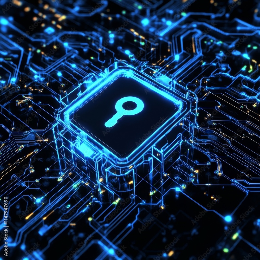 Poster cybersecurity key icon illuminated on a circuit board with blue lighting showcasing digital technolo