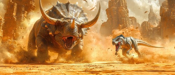 Epic prehistoric battle Two dinosaurs clash amidst ancient ruins, dust and chaos.  Dramatic action scene.