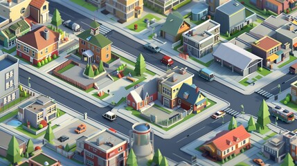 A realistic depiction of an urban neighborhood with a blend of modern houses, industrial factories, and sleek office buildings in isometric view