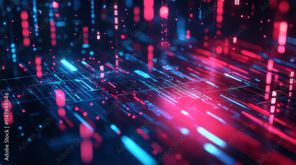 Poster visual representation of abstract digital network connections with bright lines and glowing particle