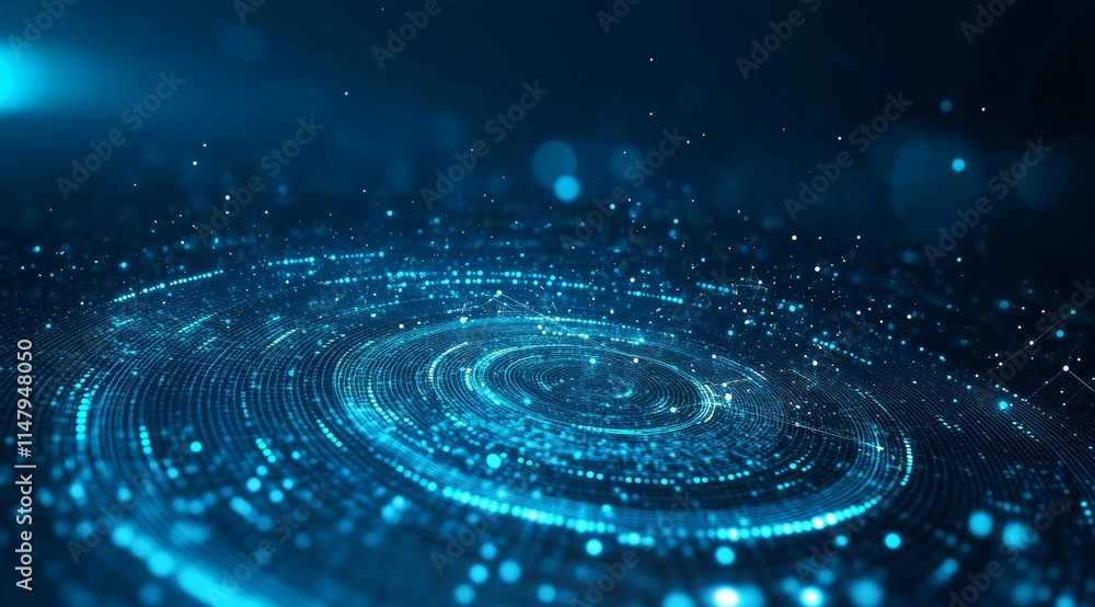 Poster Digital Abstract Background Featuring Glowing Particles and Circular Patterns in Blue Tones, Creating a Sense of Depth and Motion in a Virtual Space