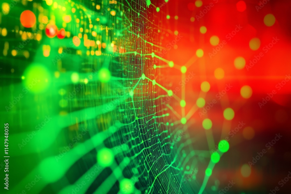 Poster colorful network visualization with vibrant lights illustrating data connections and digital interac