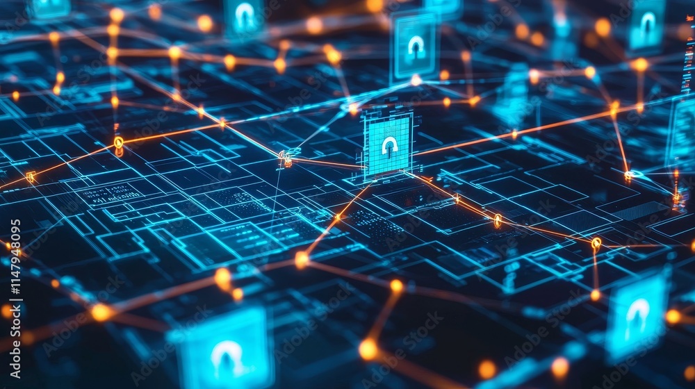 Poster digital network representation showcasing interconnected nodes and security symbols in a technologic