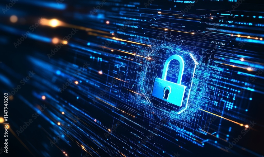 Poster digital lock symbol glows in a network of blue light on dark background, illustrating concepts of cy