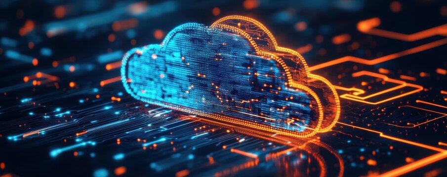 cloud computing, digital technology, network connectivity, data storage, abstract background, futuristic design, glowing elements, circuit board, blue and orange colors, technology concept